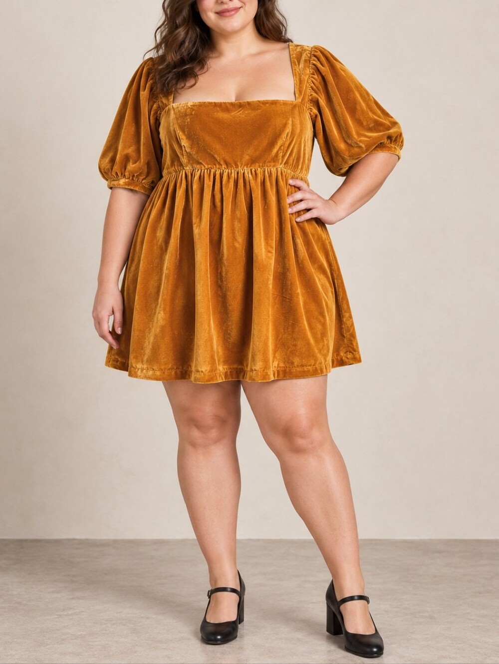 ModCloth Gold Velvet Babydoll Dress Square Neck Puff Sleeve 16 Retro Event
